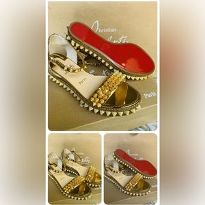 New Authentic Christian louboutin 37 Comfortable Wedges Gold Spikes Sandals.